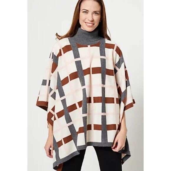 NAADAM Women's Soft Plaid Jacquard Poncho Cream Brown Pink 100% Cashmere - Picture 3 of 9